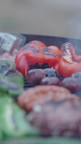 新鮮な肉とカット野菜はバーベキューで焼かれています 極端なクローズアップショット Fullhd垂直ビデオ — ストック動画