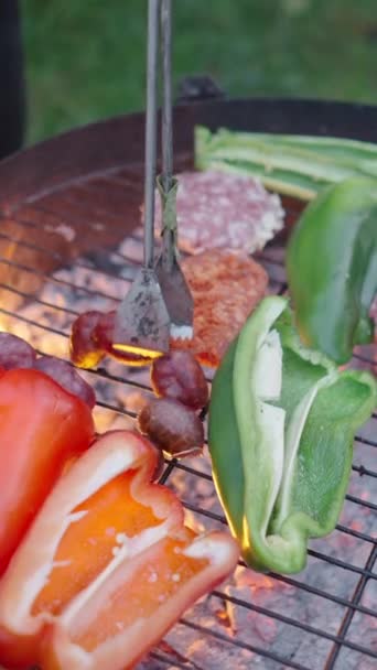 Man Kookt Vlees Groenten Houtbarbecue Slow Motion Shot Fullhd Verticale — Stockvideo