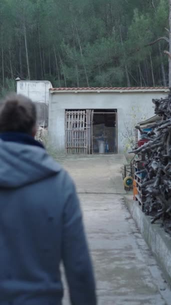 Чоловік Ходить Уздовж Подвір Будинку Лісі Поруч Собаками Грає Купа — стокове відео