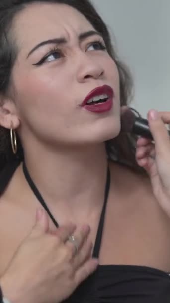 Back View Girl Putting Facial Powder Big Brush Her Friends — Stock Video