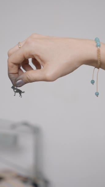 手作りの銀の動物のペンダントが付いている職人の宝石類 選択フォーカスショットフルHd垂直ビデオ — ストック動画