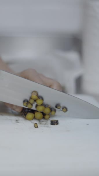 Вид Сбоку Шеф Повара Нарезающего Овощи Кухонном Прилавке Лица Видео — стоковое видео