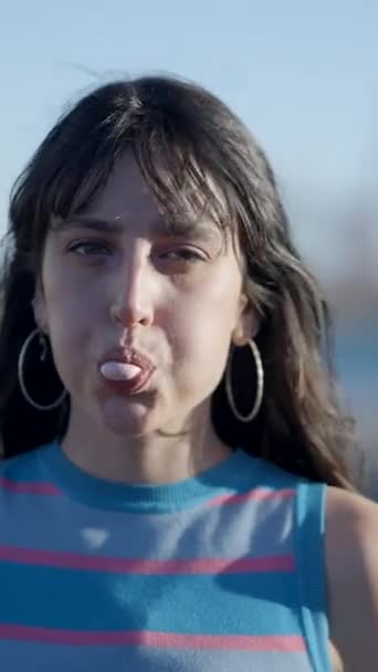 Close View Happy Dark Haired Girl Trying Blow Chewing Gum — Vídeo de Stock