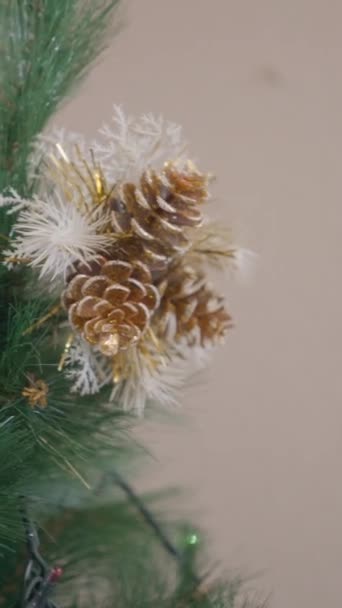 Evde Noel Ağacının Tepesine Çam Kozalağı Süslemeleri Kapat Dikey Fullhd — Stok video