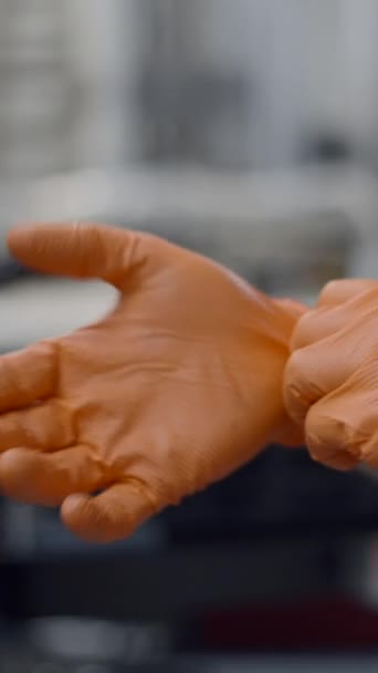 Worker Wearing Rubber Gloves Modern Beer Factory Close Fullhd Vertical — Stock Video