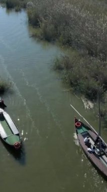 Valencia, İspanya 'daki Albufera doğal parkını ziyaret etmek için turistli teknelerin hava aracı görüntüleri. Doğal parkın güzelliği. - FullHD dikey video