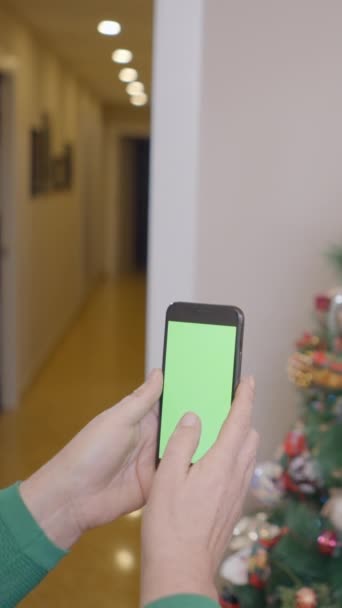 房子里的女人用智能手机相机给装饰圣诞树拍照 选择性聚焦 垂直Fullhd视频 — 图库视频影像