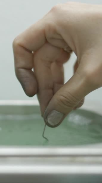 Sıvı Kimyasal Çözüm Banyosuna Batırılmış Gümüş Evcil Hayvan Mücevherleri Fullhd — Stok video