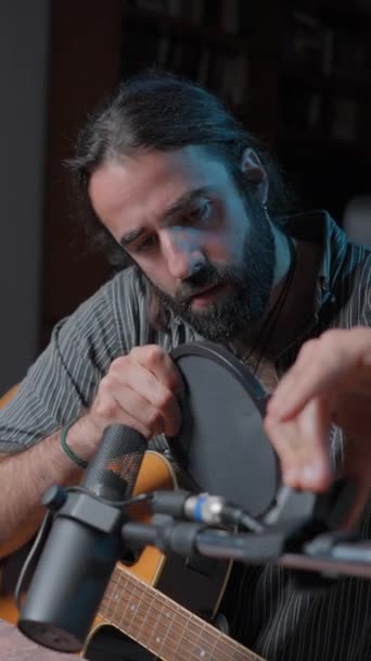 Young Bearded Songwriter Adjusting His Pop Microphone Filter Online Concert — Vídeo de Stock