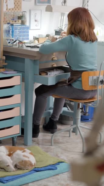 Female Artisan Making Juwel Pet Ist Beschäftigt Auf Ihrem Kleinen — Stockvideo