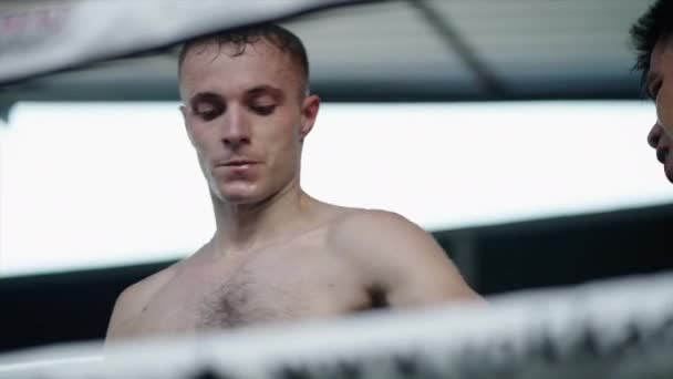 Luchador Sudoroso Masajeado Por Entrenador Horizontal Video — Vídeo de stock