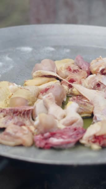 Cook Places Chicken Pieces While Others Cook Paella Pan Ισπανικό — Αρχείο Βίντεο