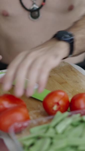 Man Chopping Bachoqueta Tomatoes Spanish Traditional Food Vertical — Stock Video
