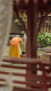 Budist keşiş siyah kovadaki bir şeye dokunuyor - Yerel yerler VERTICAL VIDEO