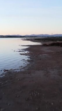 Torrevieja Pembe Gölü boyunca koşan bir adam elinde bir gitar tutuyor - günbatımında anten - Dikey FullHD video