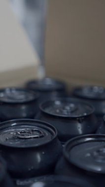 Taze Biralar Kutulandı ve Bira Fabrikasında Kutulandı - Yakın çekim - FullHD dikey video