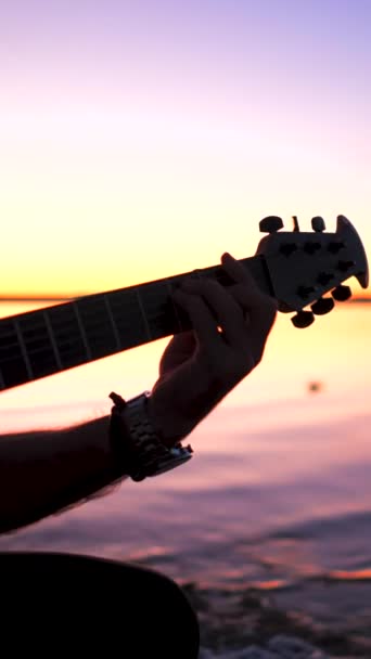 Homem Toca Guitarra Pôr Sol Junto Lago Vertical Fullhd Vídeo — Vídeo de Stock