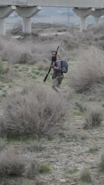 Bearded Spanish Hunter Walks Bush Fullhd Vertical Video — Stock Video