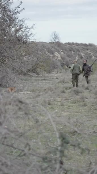 Zwei Bewaffnete Jäger Und Ein Hund Einem Jagdrevier Fullhd Vertikales — Stockvideo