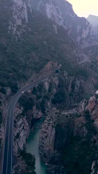 Nehir Kenarındaki Dağlar Arasında Tüneli Olan Bir Yol Dikey Fullhd — Stok video