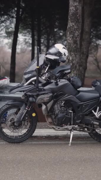 Caucasian Man Sits Next His Motorbike Fullhd Vertical Video — Stock Video