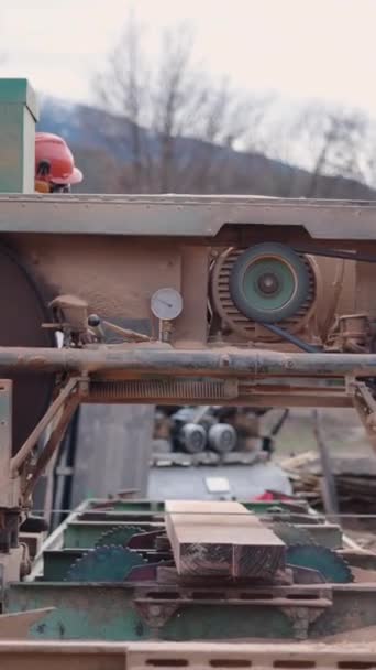 Eine Holzbearbeitungsmaschine Wird Von Einem Unkenntlichen Bediener Bedient Fhd Vertical — Stockvideo