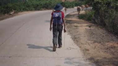 Yolda yürürken sigara içen uzun sopalı Vietnamlı Asyalı çoban - 4K Yatay Video