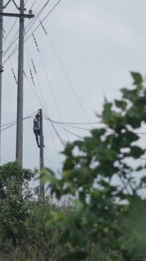 Elektrik kablolarını tamir eden Asyalı genç adam tahta bir direğe tırmandı.