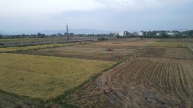 İnsansız hava aracı Vietnam 'daki yolun yanındaki kentin dışındaki büyük ekin tarlalarının üzerinde uçuyor. 4K Yatay