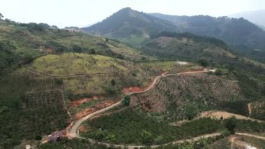 İnsansız hava aracı Vietnam 'daki az bitki örtüsüyle dağların üzerinde yavaşça uçuyor. 4K Yatay