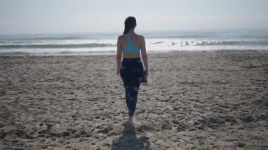 Uzun saçlı, esmer, beyaz bir kadın güneşli bir günde kumsalda sırtı kameraya dönük yürüyor ve kitap okuyor - 4K Yatay