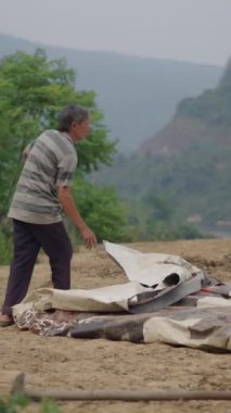 Vietnamlı çiftçi, nehir kenarındaki tahılları elemek için kullanılan muşamba ve plastikleri katlayıp topluyor.