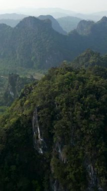 Vietnam ormanındaki insansız hava aracı görüntüsünden ağaçlar ve bitki örtüsüyle çevrili kayalık dağlar.