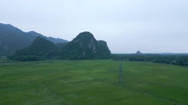 Bulutlu bir günde, Vietnam 'ın yemyeşil dağları arasında, ekin tarlalarının üzerinde uçan insansız hava aracı - 4K Yatay