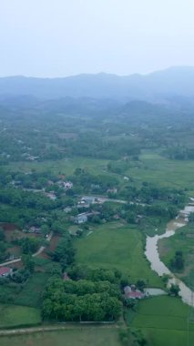 Vietnam 'da birçok bitki örtüsü bulunan dağlık bir bölgede yeşil vadi ve nehrin üzerinde yüksek irtifa dronu var.