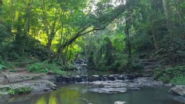 Tayland 'da ağaçların arasında bir sürü kayalık ve şelale bulunan sessiz nehir - 4K Yatay