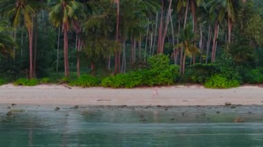 Palmiye ağaçlarının yanındaki güzel bir tropikal plajda koşan genç turist - 4K Yatay