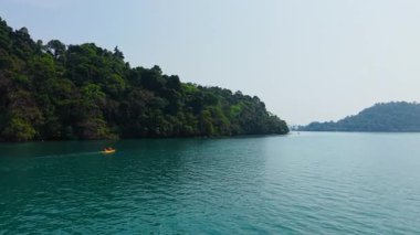 Yeşil adanın yanındaki sarı bir kanoda sakince kürek çeken iki adam - 4K Yatay