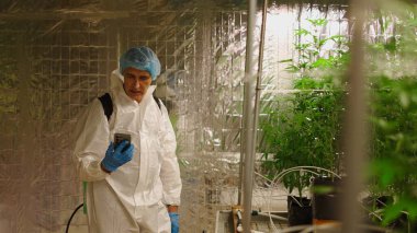 Bilim adamları koruyucu kıyafet giyip akıllı telefon kullanıyor ve seradaki bitkilerle ilgileniyor.