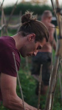 Şehir binasının yakınında organik bahçeyle ilgilenen yakışıklı çiftçi.