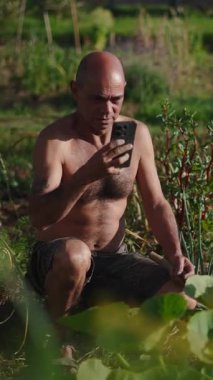 Kel çiftçi şehir bahçesinde çömeliyor ve akıllı telefon kullanıyor.