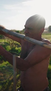 Terleyen çiftçi meyve ağaçları arasında ahşap destek çerçevesi inşa ediyor. Parlak güneş ışığı işçiliği vurguluyor.