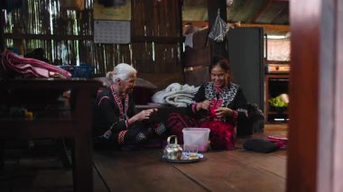 İki yaşlı Taylandlı kadın çay içerken lanet geleneksel giysiler içinde oturuyorlar - 4K Yatay