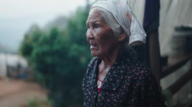 Yaşlı Asyalı kadın ahşap verandada duruyor kırsal araziyle çevrili hayatı düşünüyor - 4K Yatay