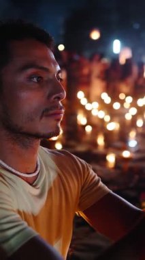 Bangkok 'taki Fener Festivali' nde FullHD Dikey Hücre 'de video kaydederken Latin çocuk akıllı telefonunu elinde tutuyor.