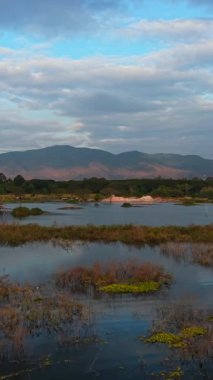 Geniş araziler, patlama depolarını su rezervlerini, su bitkilerini bulutlu ufuktaki dağ siluetlerini gösteriyor.