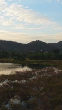 Altın gün batımı, sakin su deposuna yansıyor, tepelerin yakınındaki sakin manzarayı kaplayan ahşap köprü.