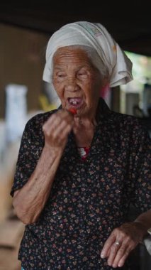 Yaşlı kadın evde oturmuş motosikletin yanında taze olgun çileklerin tadını çıkarıyor FullHD dikey