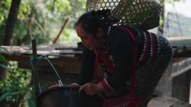 A Thai woman from the Lahu tribe picking tea by washing a large bowl of tap water outside her traditional rural house - 4K Horizontal