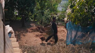 Experienced Southeast Asian farmer walking downhill on a dusty country road carrying a large wicker basket on his back - 4K Horizontal